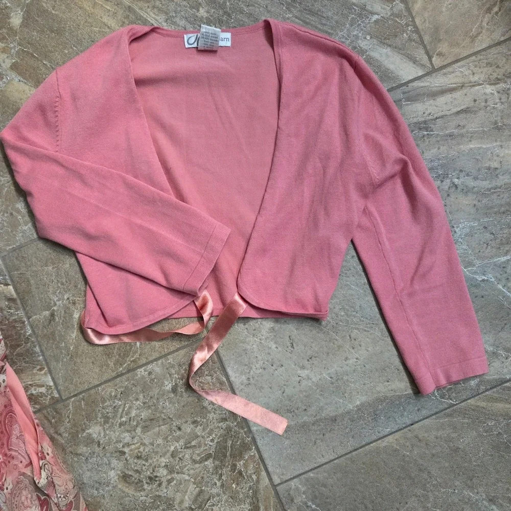 Y2K Fairycore Dressbarn Pink Paisley Midi Dress & Tie-Front Cardigan Size 4